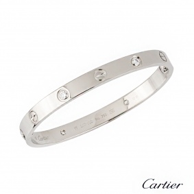 Cartier 18k White Gold Half Diamond Love Bangle Size 17 B&P B6026417